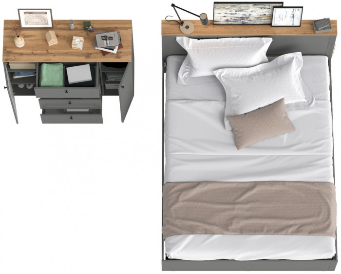 Остин 11.53 Кровать + ортопед + 16.221 Комод, серый графит/дуб крафт золотой