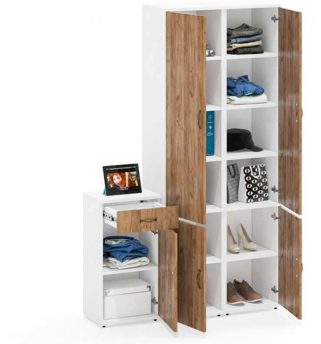 Лидер-8 Пенал МД 22Б + Пенал МД 22Б + Тумба МД 3.15, цвет белый шагрень/крафт золото, ШхГхВ 120х37,5х190 см., универсальная сборка