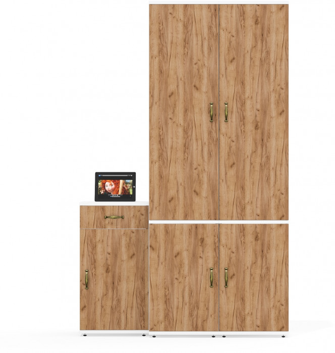 Лидер-8 Пенал МД 22Б + Пенал МД 22Б + Тумба МД 3.15, цвет белый шагрень/крафт золото, ШхГхВ 120х37,5х190 см., универсальная сборка