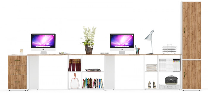 Лидер-8 Стол + Стол + Пенал МД 23Б + Тумба МД 3.16, цвет белый шагрень/крафт золото, ШхГхВ 410х50х75/190 или 270х120/50х75/190 см., НЕ ун. сб.