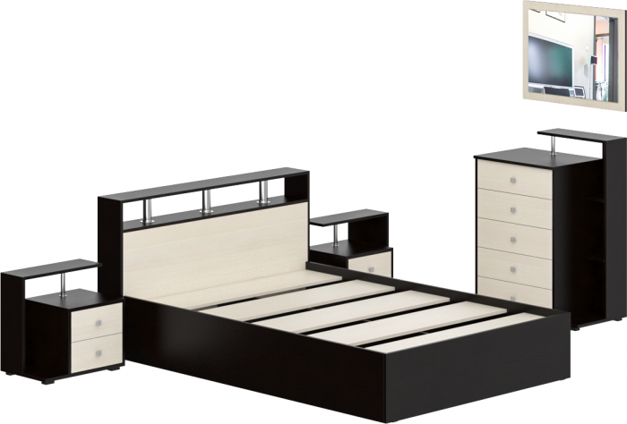 Камелия спальня № 5 Кровать 1400 + Две тумбы + Комод + Зеркало, венге/дуб лоредо