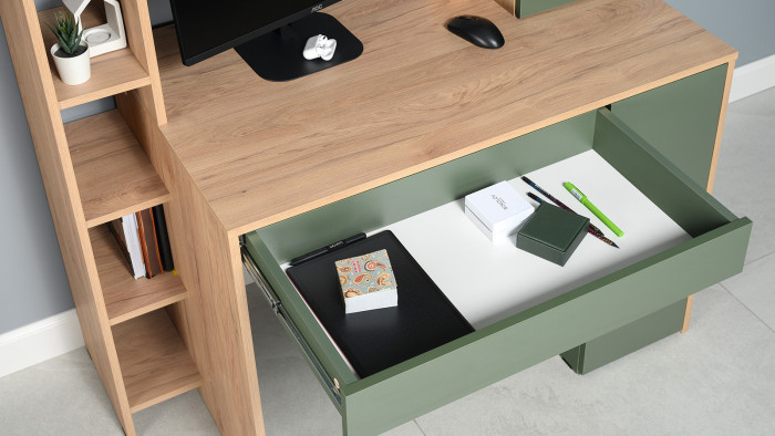 компьютерный стол Комфорт 12.71, гикори рокфорд натуральный/дымчатый зелёный