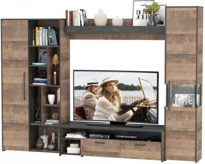 Трувор Гостиная 019, цвет дуб гранж песочный/интра, ШхГхВ 287,6х45,4х210 см., универсальная сборка