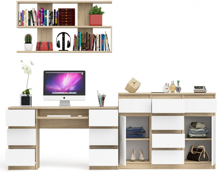 Мори компьютерный стол МС-2 + Комод МК1200.4 + Полка 1200, дуб сонома/белый