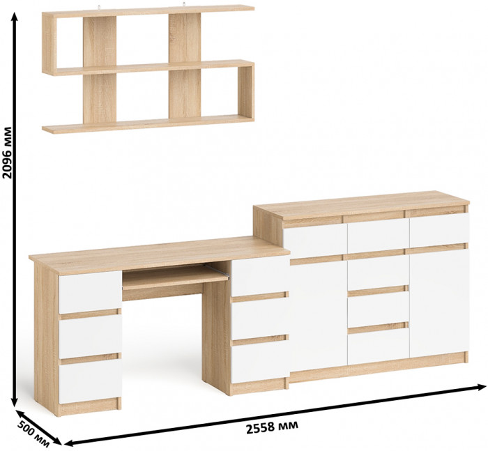 Мори компьютерный стол МС-2 + Комод МК1200.4 + Полка 1200, дуб сонома/белый