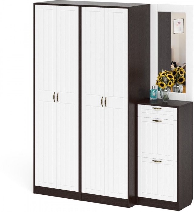 Прихожая П-6 Компоновка № 14, цвет венге/фасады МДФ белое дерево фрезеровка прованс, ШхГхВ 170х50х210 см., универсальная сборка