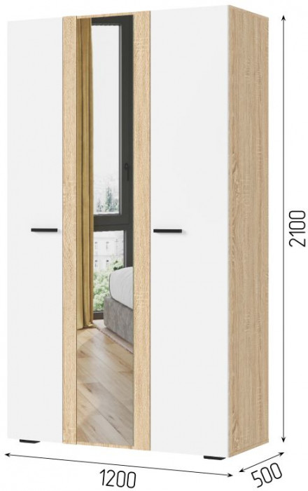 САНСА ШК-03 Шкаф 3-х створчатый Фасад БЕЛЫЙ,ДУБ СОНОМА/Корпус ДУБ СОНОМА