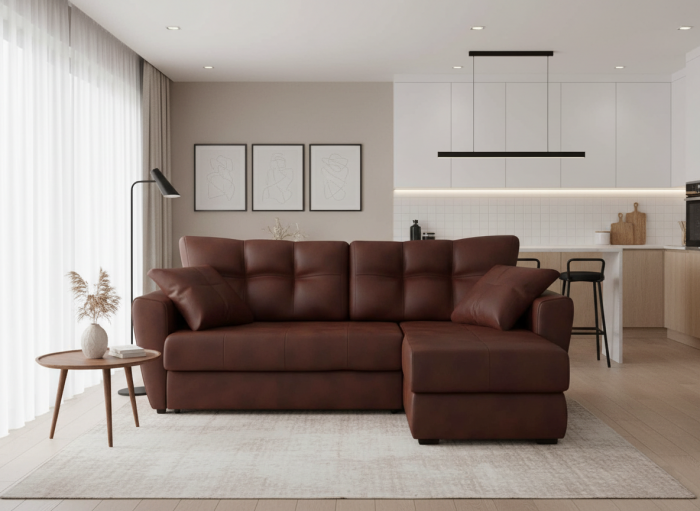 Диван-еврокнижка угловой Амстердам, 160х200, экокожа коричневый