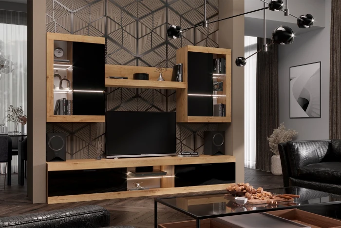 Прага Модульная Гостиная, вариант №3, Дуб Вотан/Черный глянец