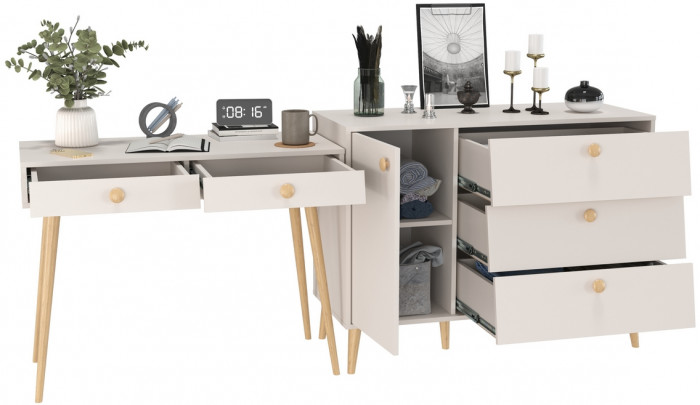 Афина Спальня Стол + Комод с дверкой и тремя ящиками, цвет кашемир серый, ШхГхВ 100х45х76 + 110х45,3х83 см., универсальная сборка