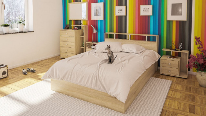 Камелия спальня № 5 Кровать 1400 + Две тумбы + Комод + Зеркало, дуб сонома