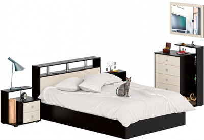 Камелия спальня № 5 Кровать 1400 + Две тумбы + Комод + Зеркало, цвет венге/дуб лоредо, сп.м. 1400х2000 мм., б/м, основание есть