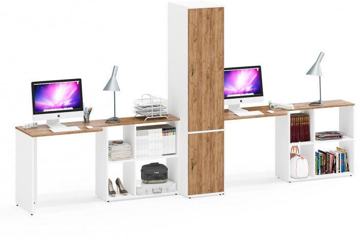 Лидер-8 Стол + Стол + Пенал МД 23Б, цвет белый шагрень/крафт золото, ШхГхВ 370х50х75/190 или 230х120/50х75/190 см., НЕ универсальная сборка