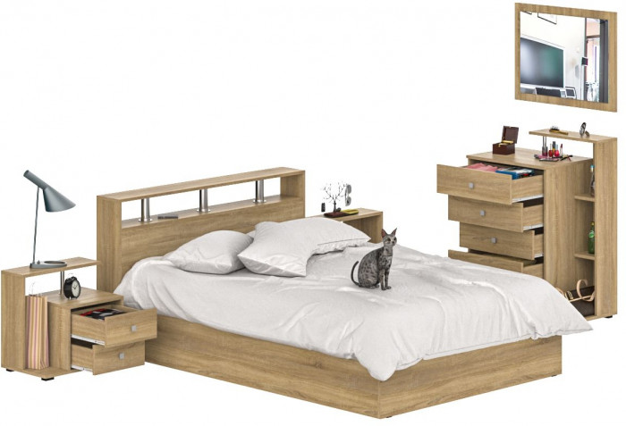 Камелия спальня № 5 Кровать 1400 + Две тумбы + Комод + Зеркало, цвет дуб сонома, сп.м. 1400х2000 мм., б/м, основание есть