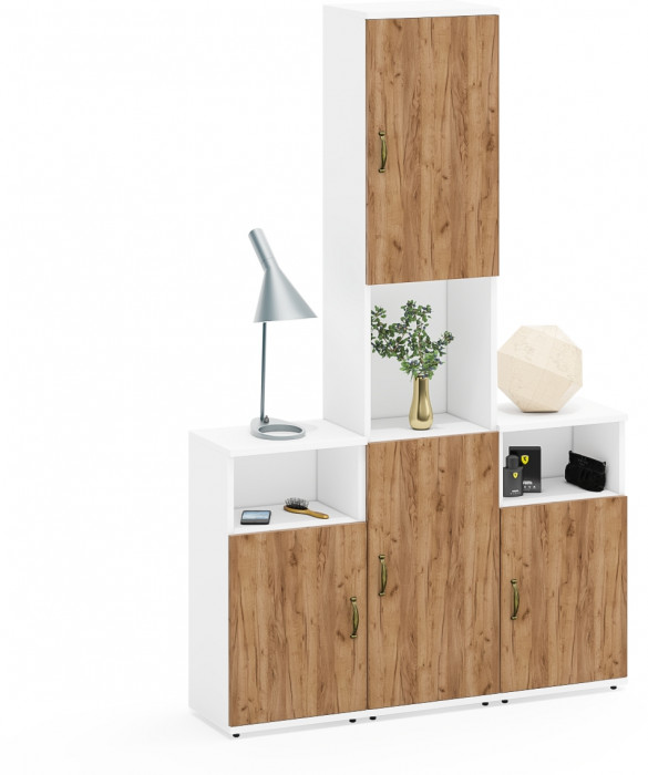 Лидер-8 Пенал + Тумба МД 3.19 + Тумба МД 3.19, цвет белый шагрень/крафт золото, ШхГхВ 120х30х190 см., универсальная сборка