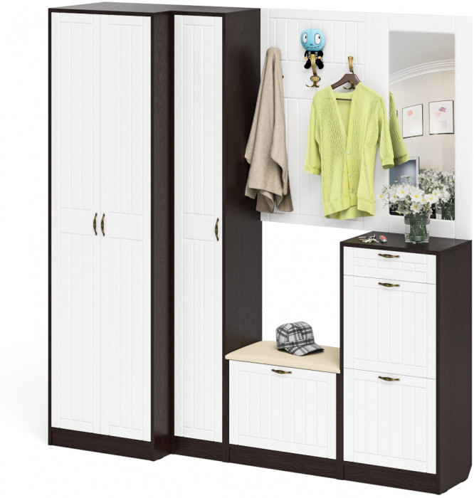 Прихожая П-6 Компоновка № 31, цвет венге/фасады МДФ белое дерево фрезеровка прованс, ШхГхВ 200х50х210 см., универсальная сборка