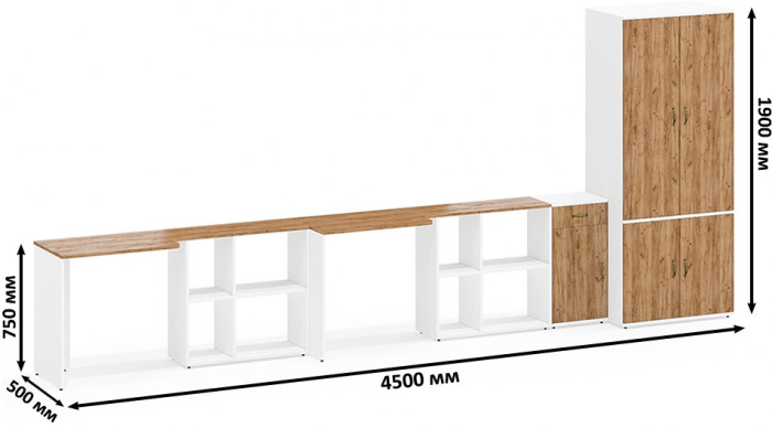 Лидер-8 Стол + Стол + Шкаф МД 19Б + Тумба МД 3.15, цвет белый шагрень/крафт золото, ШхГхВ 450х50х75/190 или 230х200/50х75/190 см., НЕ ун. сб.
