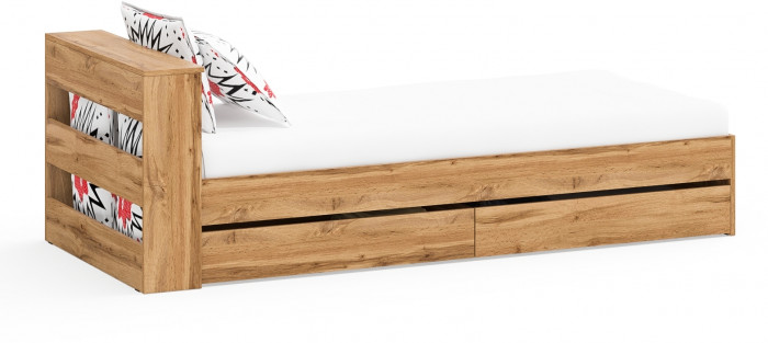 Ксения Кровать с ящиками 0900, цвет дуб вотан, ШхГхВ 96,4х221,6х72 см., сп.м. 900х2000 мм., без матраса, основание есть, универсальная сборка