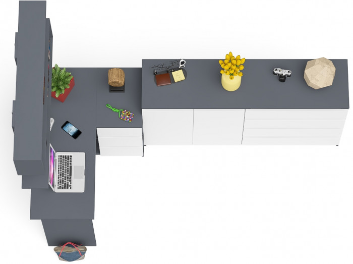 Мори компьютерный стол МС-16 правый + Комод МК1600.1 + Полка 1200, графит/белый