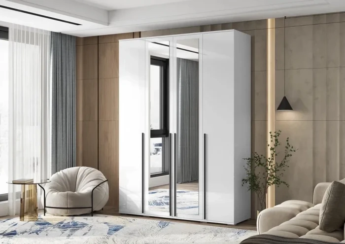 Норд Шкаф 4-х створчатый 1600 с 2-мя зеркалами, Белый глянец/Белый