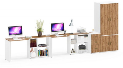 Лидер-8 Стол + Стол + Шкаф МД 19Б + Тумба МД 3.16, цвет белый шагрень/крафт золото, ШхГхВ 450х50х75/190 или 230х200/50х75/190 см., НЕ ун. сб.