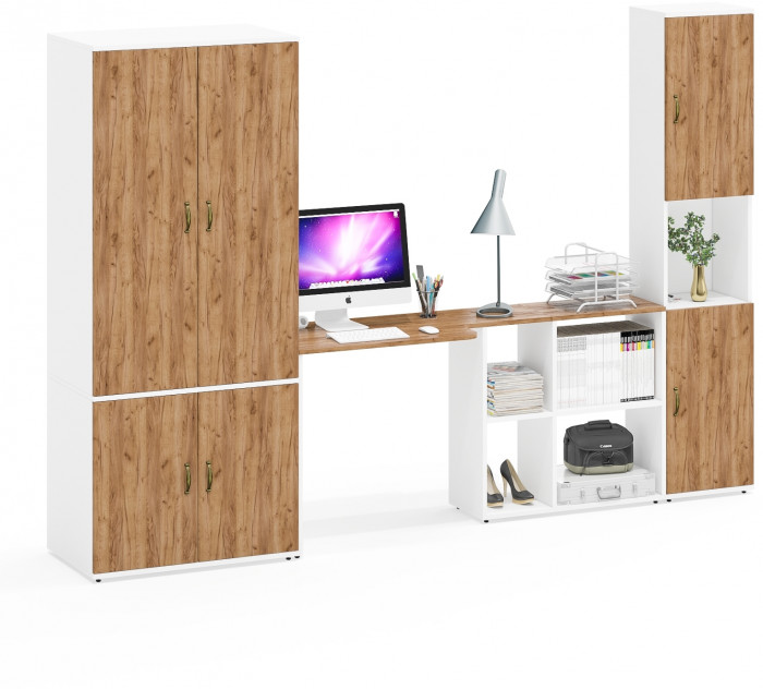 Лидер-8 Шкаф МД 19Б + Стол + Пенал, цвет белый шагрень/крафт золото, ШхГхВ 285х50/37,5х75/190 или 195х120х75/190 см., НЕ универсальная сборка