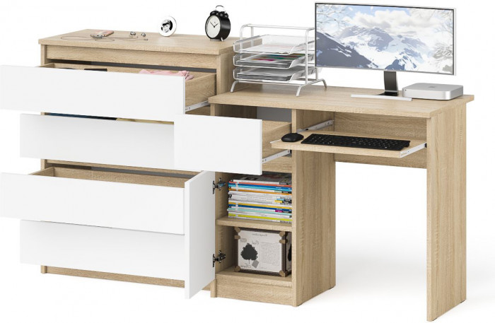 Мори Стол компьютерный МС-1 левый + Комод МК800.4, цвет дуб сонома/белый, ШхГхВ 170,4х50х94 см., выдвижной ящик слева, НЕ универсальная сборка