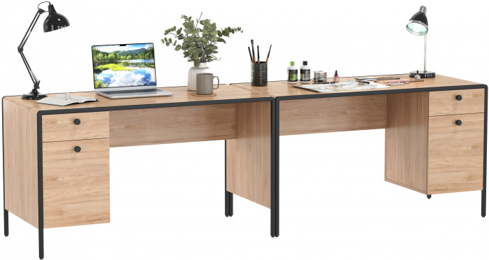 Брюс Стол письменный 12.157 + Стол письменный 12.157, цвет чёрный/дуб Сантьяго/столешница МДФ ель карпатская, ШхГхВ 260х62,6х75 см., ун. сб.