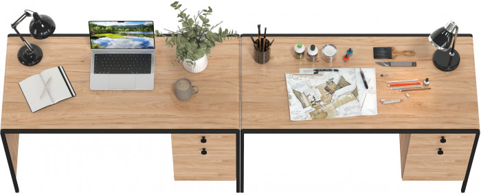 Брюс Стол письменный 12.157 + Стол письменный 12.157, цвет чёрный/дуб Сантьяго/столешница МДФ ель карпатская, ШхГхВ 260х62,6х75 см., ун. сб.