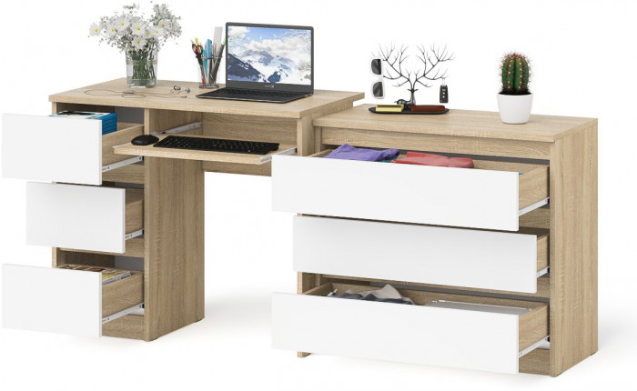Мори Стол компьютерный МС-6 левый + Комод МК800.1, цвет дуб сонома/белый, ШхГхВ 170,4х50х76,6 см., выдвижные ящики слева, НЕ универсальная сборка