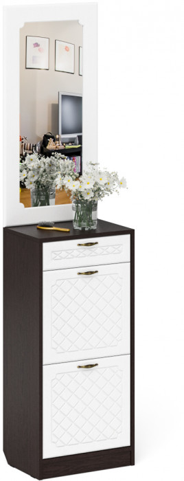 Прихожая П-6 Тумба для обуви 2 секции + Зеркало, венге/фасады МДФ белое дерево фрезеровка ромб