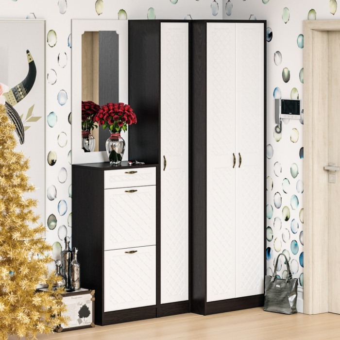 Прихожая П-6 Тумба для обуви 2 секции + Зеркало, венге/фасады МДФ белое дерево фрезеровка ромб