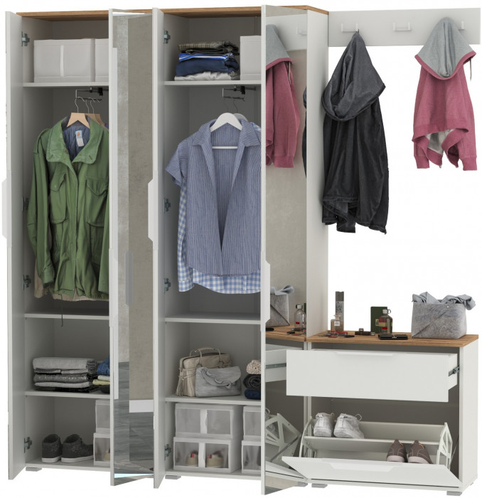 Октава Прихожая 26, цвет белый шагрень/дуб крафт золотой/фасады МДФ белый шагрень, ШхГхВ 193,7х35,4х197,6 см., универсальная сборка