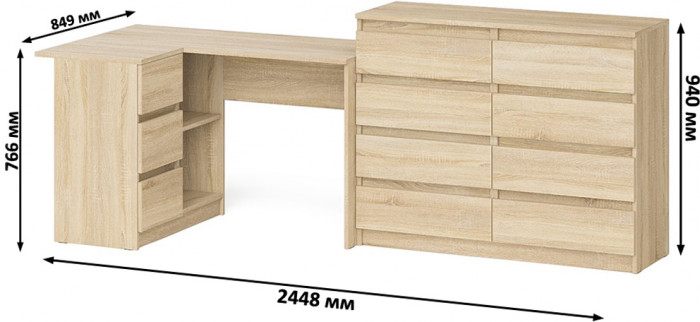 Мори компьютерный стол МС-16 левый + Комод МК1200.8, дуб сонома
