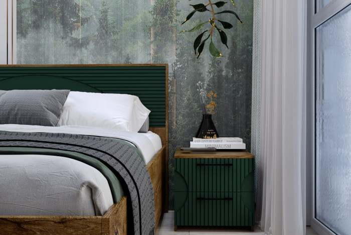 Кровать 140х200 с щитовым основанием "Монтале" - Дуб канзас/Зеленый матовый