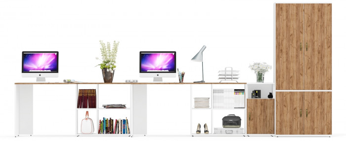 Лидер-8 Стол + Стол + Шкаф МД 19Б + Тумба МД 3.19, цвет белый шагрень/крафт золото, ШхГхВ 450х50х75/190 или 230х200/50х75/190 см., НЕ ун. сб.