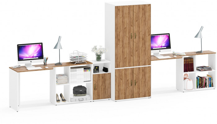 Лидер-8 Стол + Стол + Шкаф МД 19Б + Тумба МД 3.19, цвет белый шагрень/крафт золото, ШхГхВ 450х50х75/190 или 230х200/50х75/190 см., НЕ ун. сб.