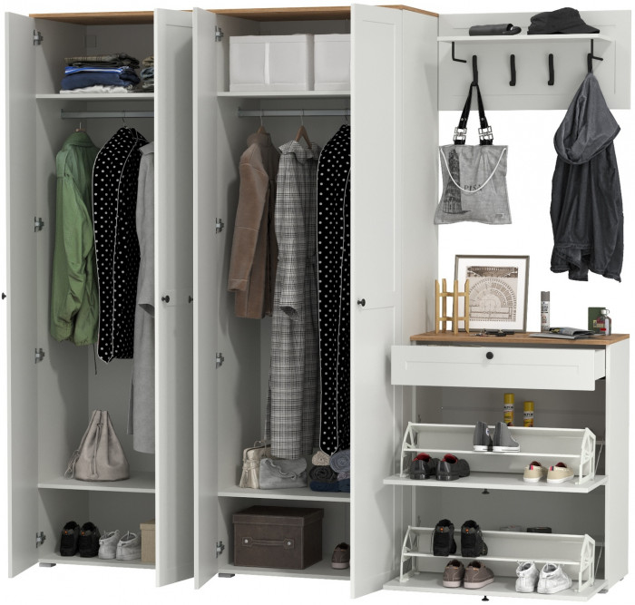 Остин Прихожая 29, цвет белый шагрень/дуб крафт золотой, ШхГхВ 240х54,3х229,6 см., универсальная сборка