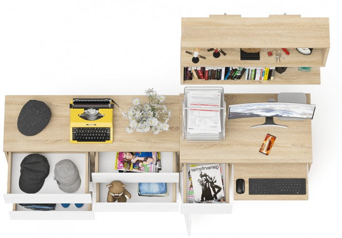 Мори компьютерный стол МС-1 левый + Комод МК1200.6 + Полка 900, дуб сонома/белый