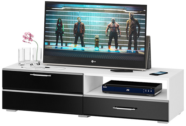 Тумба под ТВ Ларго 1,4, цвет корпус белый/фасады МДФ чёрный глянец, ШхГхВ 140х46х35 см., НЕ универсальная сборка