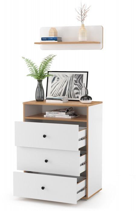 Вуди 13.293 Комод + Полка 15.46, цвет белый премиум/дуб крафт золотой, ШхГхВ 70х43,1х170 см.