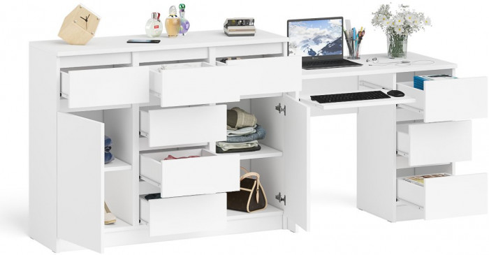 Мори Стол компьютерный МС-6 правый + Комод МК1200.4, цвет белый, ШхГхВ 210,4х50х94 см., выдвижные ящики справа, НЕ универсальная сборка