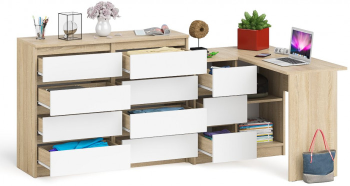 Мори компьютерный стол МС-16 левый + Комод МК1200.8, дуб сонома/белый