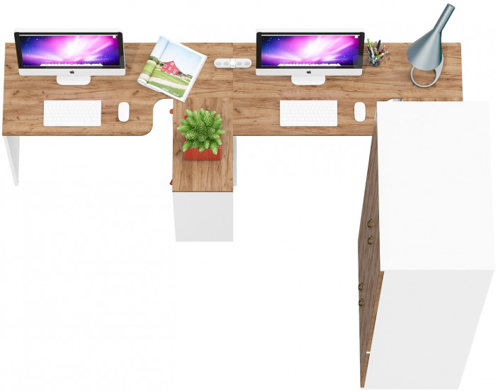 Лидер-8 Стол + Стол + Шкаф МД 19Б, цвет белый шагрень/крафт золото, ШхГхВ 410х50х75/190 или 230х160/50х75/190 см., НЕ универсальная сборка