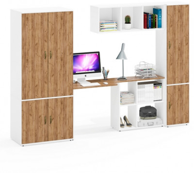 Лидер-8 Шкаф МД 19Б + Стол + Полка + Пенал 22Б, цвет белый шагрень/крафт золото, ШхГхВ 285х50/37,5х75/190 или 195х120х75/190 см., НЕ ун.сб.