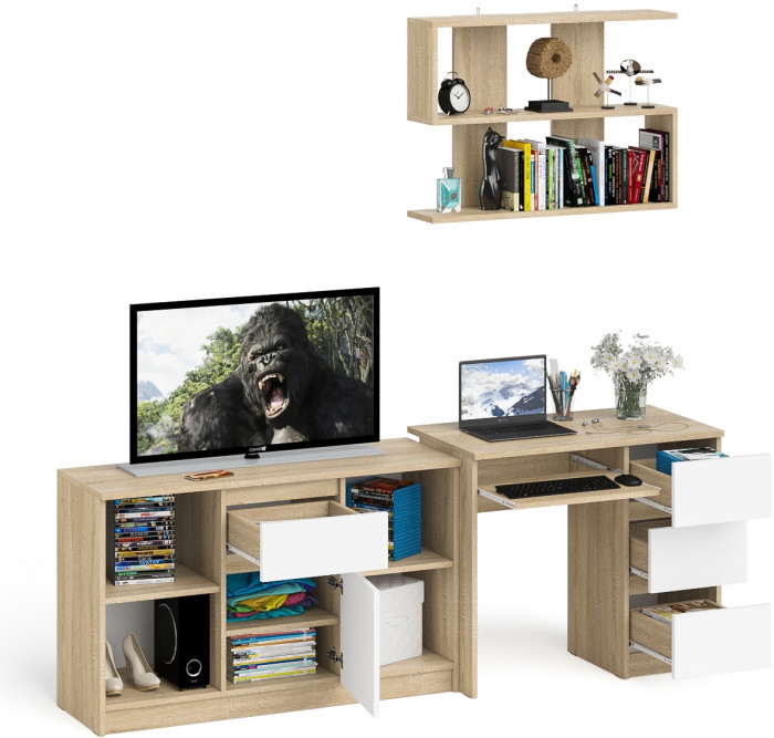Мори Стол компьютерный МС-6 правый + Тумба МТВ1204.1 + Полка 900, цвет дуб сонома/белый, ШхГхВ 210,4х50х209,6 см., НЕ универсальная сборка