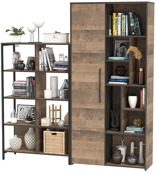 Трувор 13.151.02 Стеллаж + 13.206 Шкаф-стеллаж, цвет дуб гранж песочный/интра, ШхГхВ 183х37х194,2 см., универсальная сборка