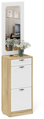 Прихожая П-6 Тумба для обуви 2 секции + Зеркало, дуб сонома/фасады МДФ белое дерево фрезеровка ромб