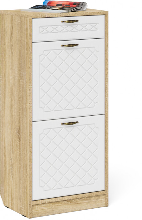 Прихожая П-6 Тумба для обуви 2 секции + Зеркало, дуб сонома/фасады МДФ белое дерево фрезеровка ромб