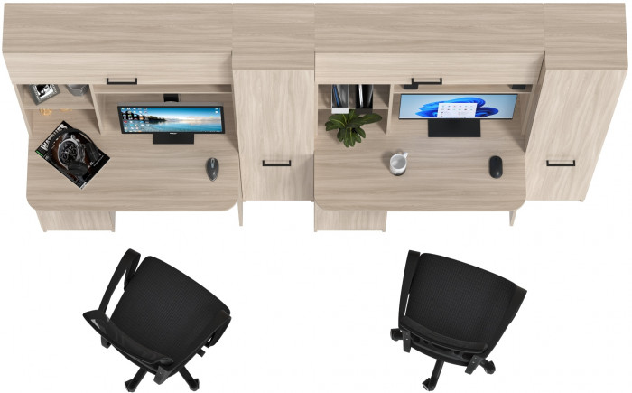 Два стола рабочих 6-0603 Альфа + два кресла 103 чёрных, ясень шимо светлый